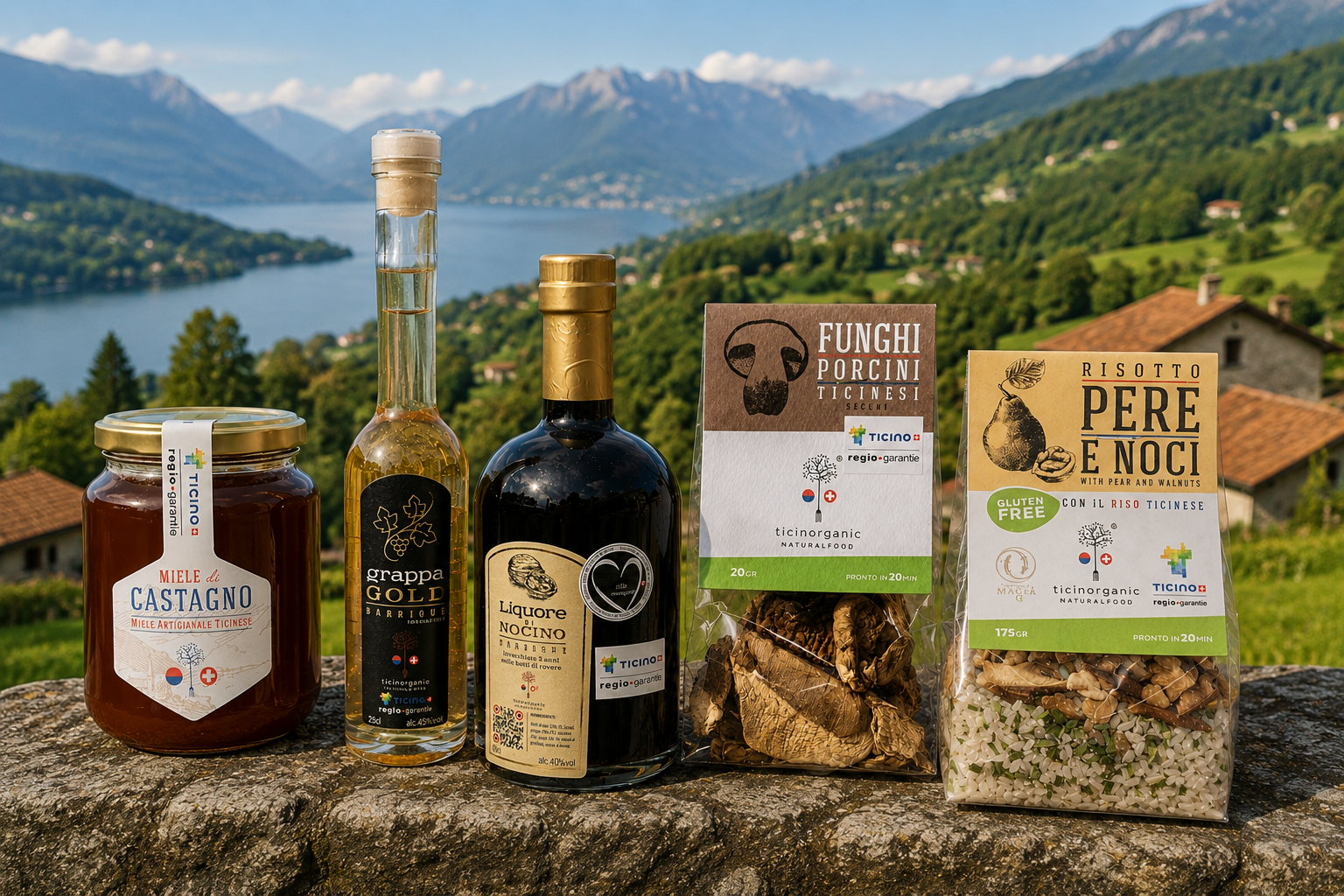 Prodotti Ticinorganic su un muretto in pietra con il lago e le montagne del Ticino