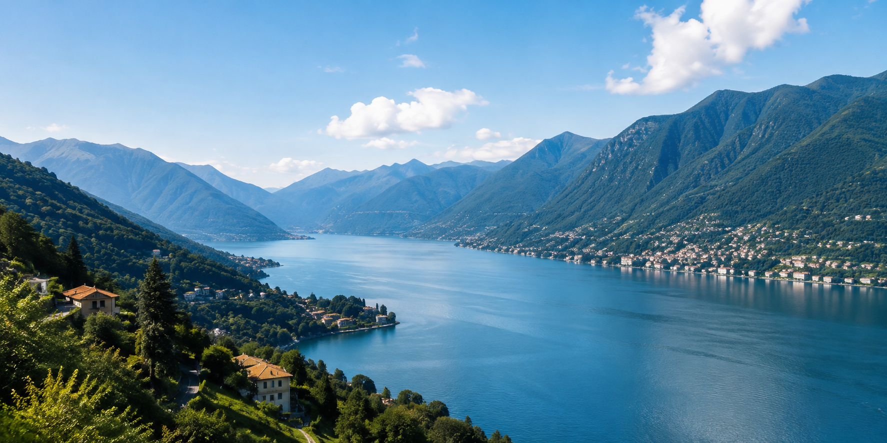 Paesaggio luminoso del Ticino — lago e montagne in piena luce solare
