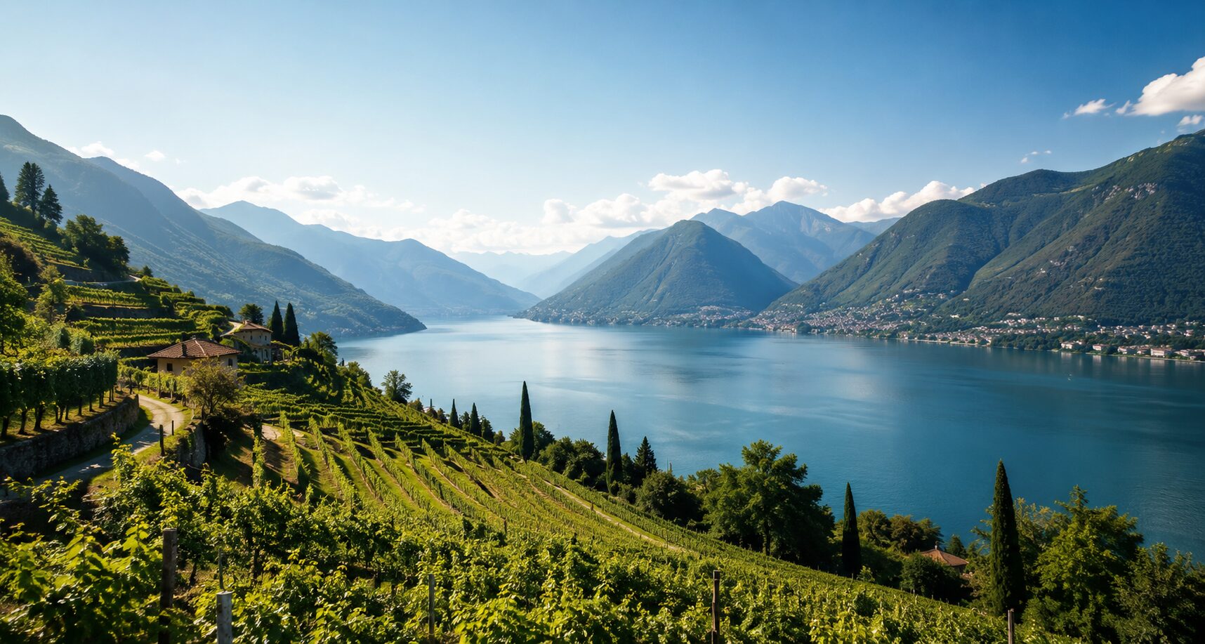 Vista soleggiata del Ticino — vigneti, lago e montagne