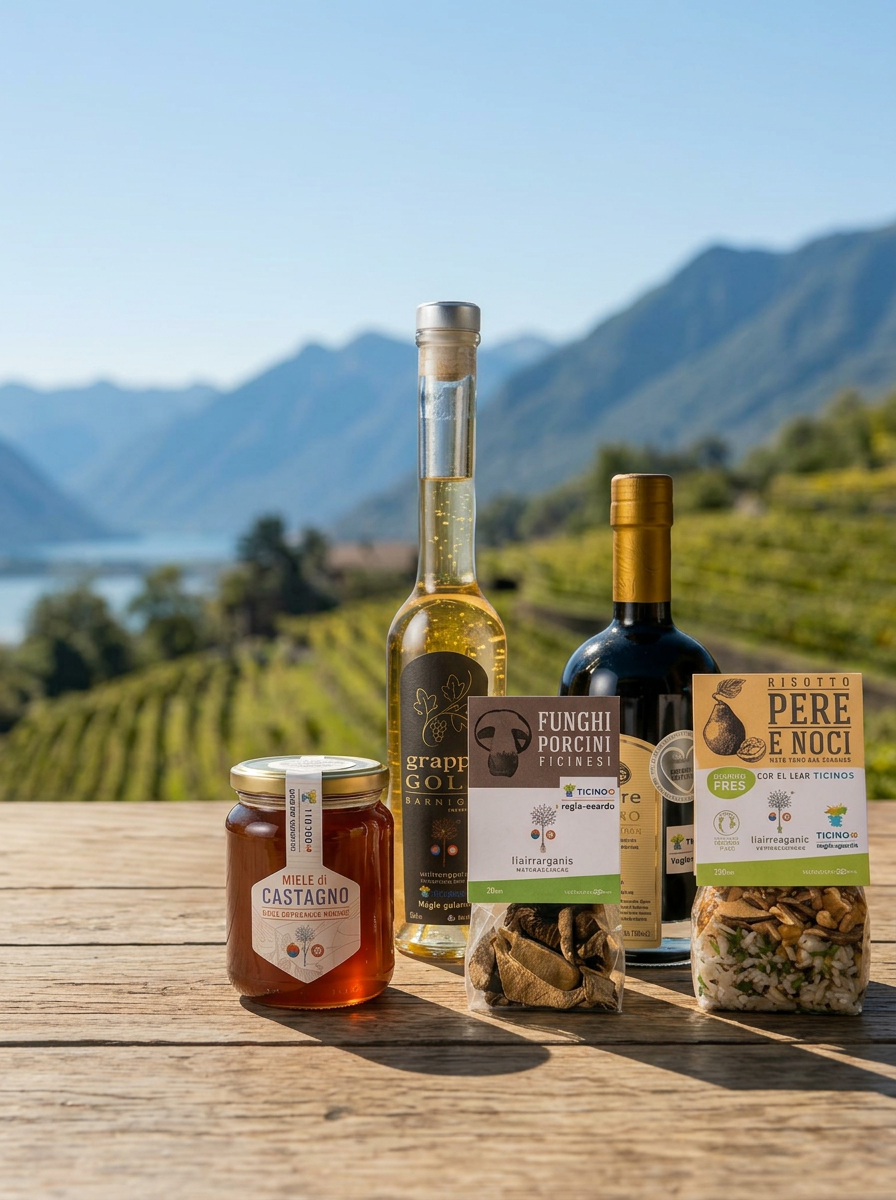 Tavola gourmet con prodotti Ticinorganic e paesaggio del Ticino