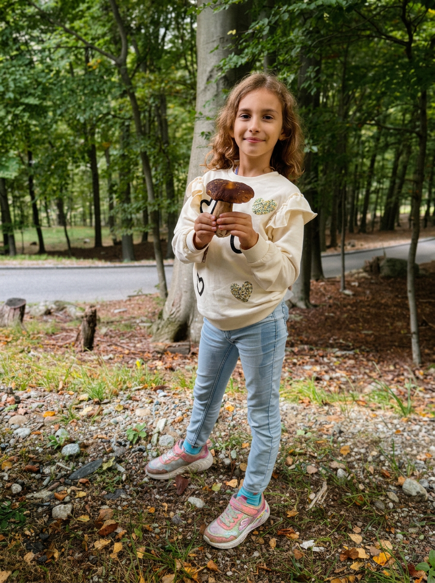 Bambina nel bosco del Ticino con un porcino appena raccolto