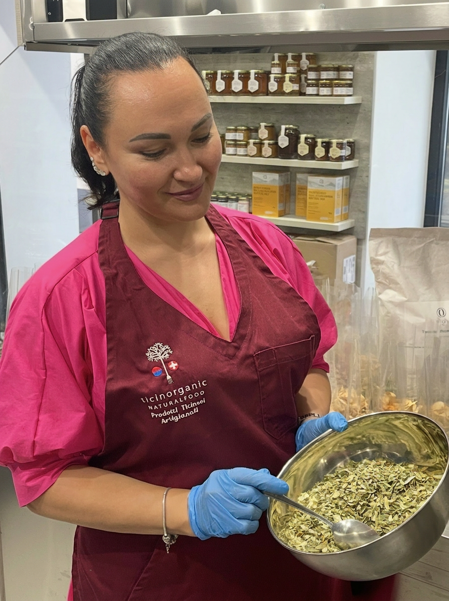 Preparazione artigianale di erbe in laboratorio Ticinorganic
